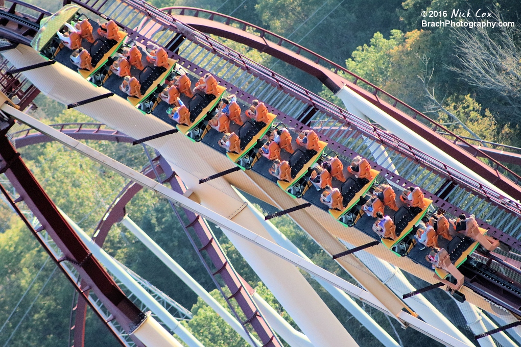 The train at the top of its lift hill.