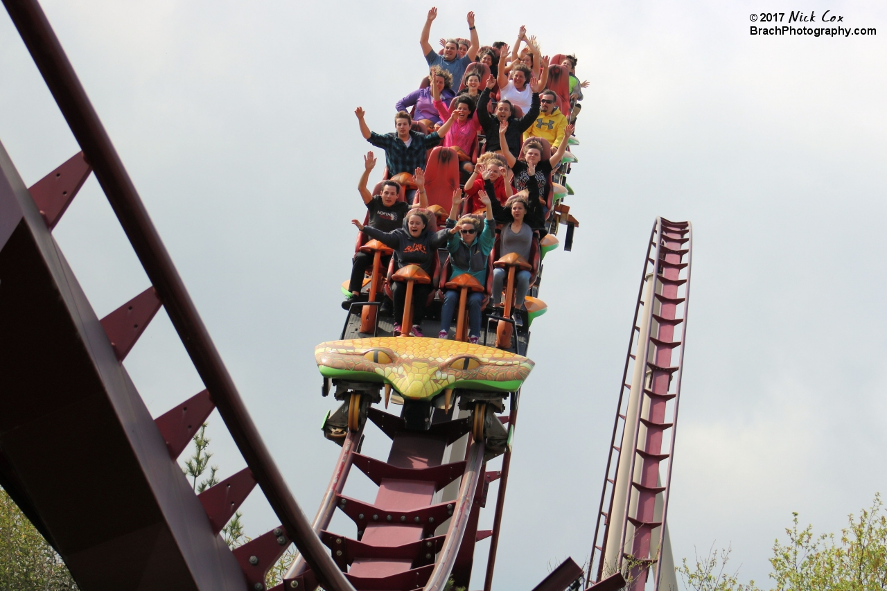 The train flying over one of the last hills.