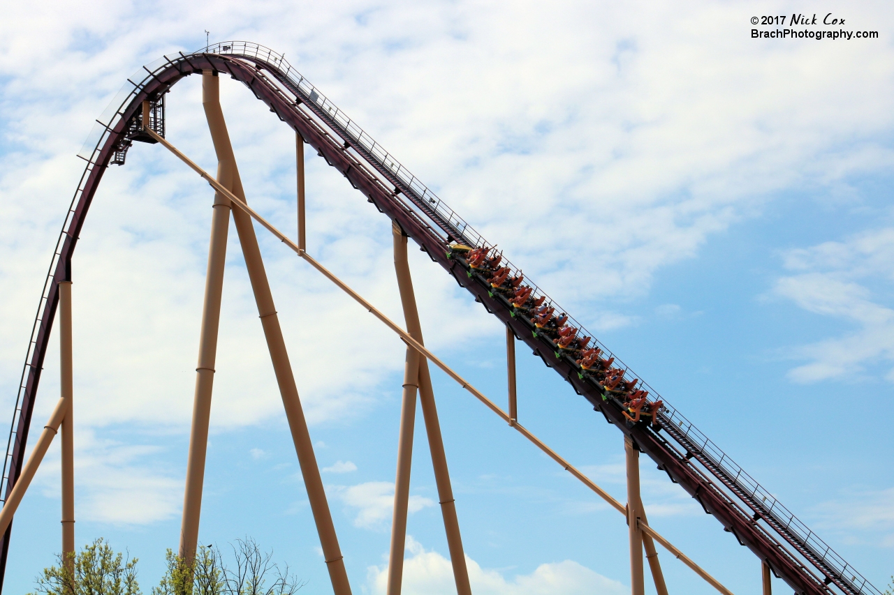 A train on the lift hill.