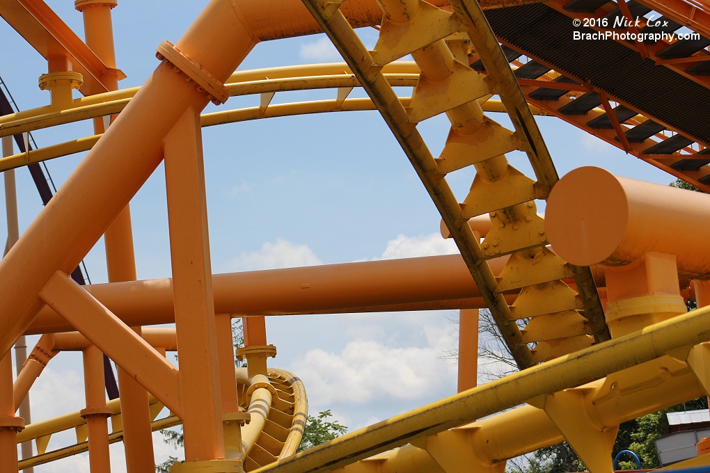 The twisted track of the children's inverted coaster.