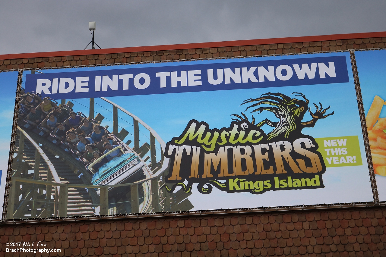 The advertisement for the new Mystic Timbers roller coaster.