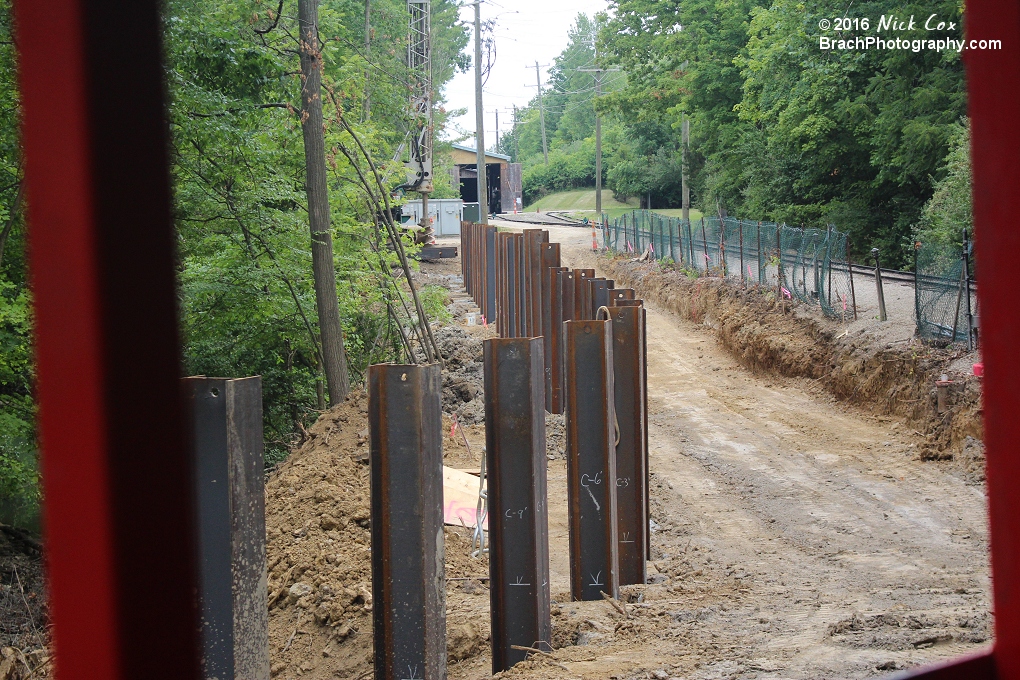 Steel bents around the train tracks.