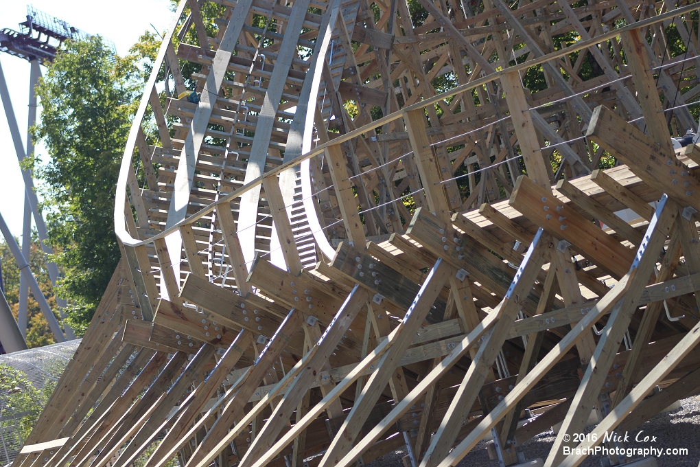 The drop and first turn of Mystic Timbers.