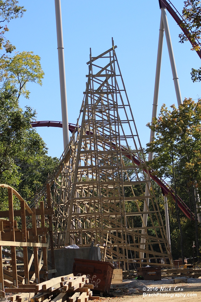 The structure for the soon to be top of the lift hill.