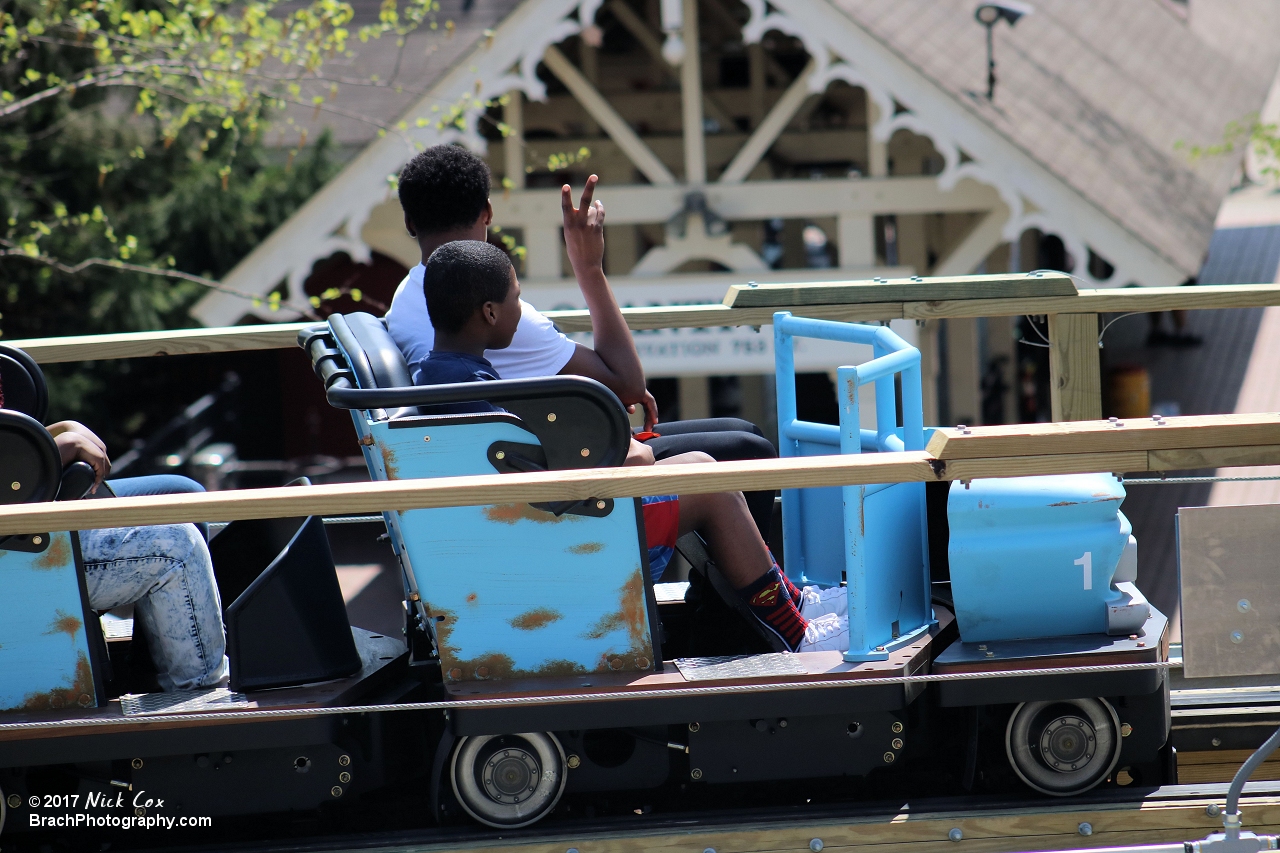 The train in the pre-lift part of the ride.