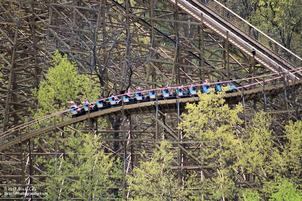 Mystic Timbers going over the first airtime hump.