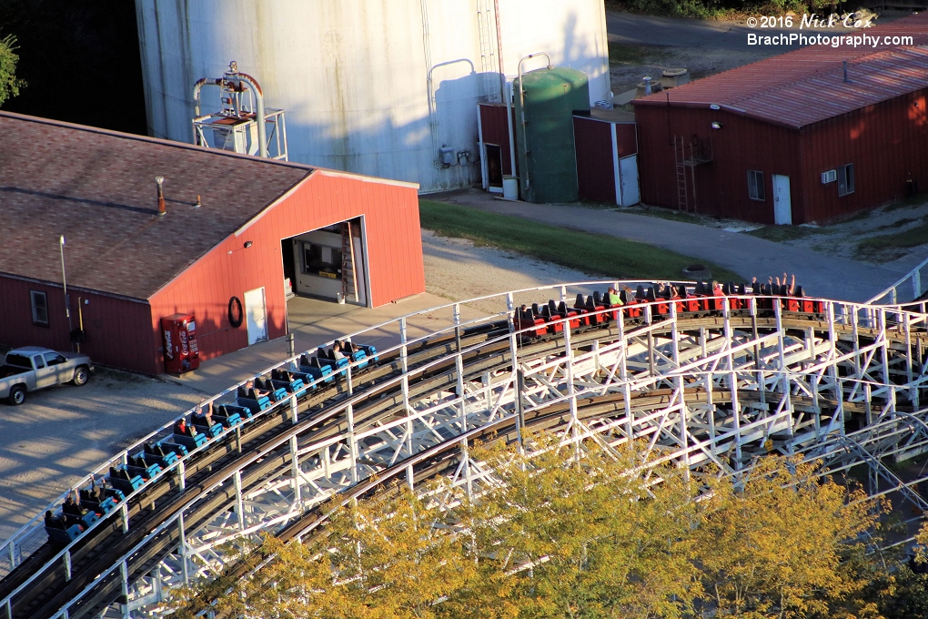 The two trains racing over an airtime hill.