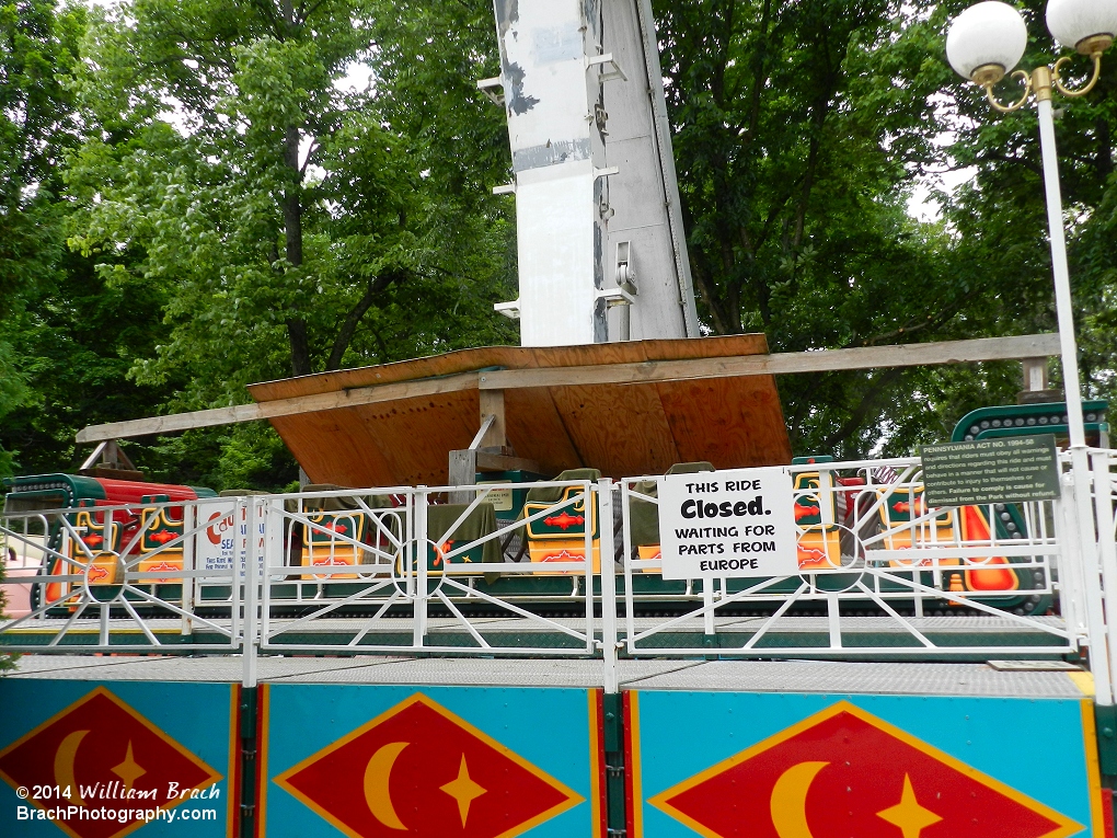 The theming elements on the ride have been removed for safekeeping.