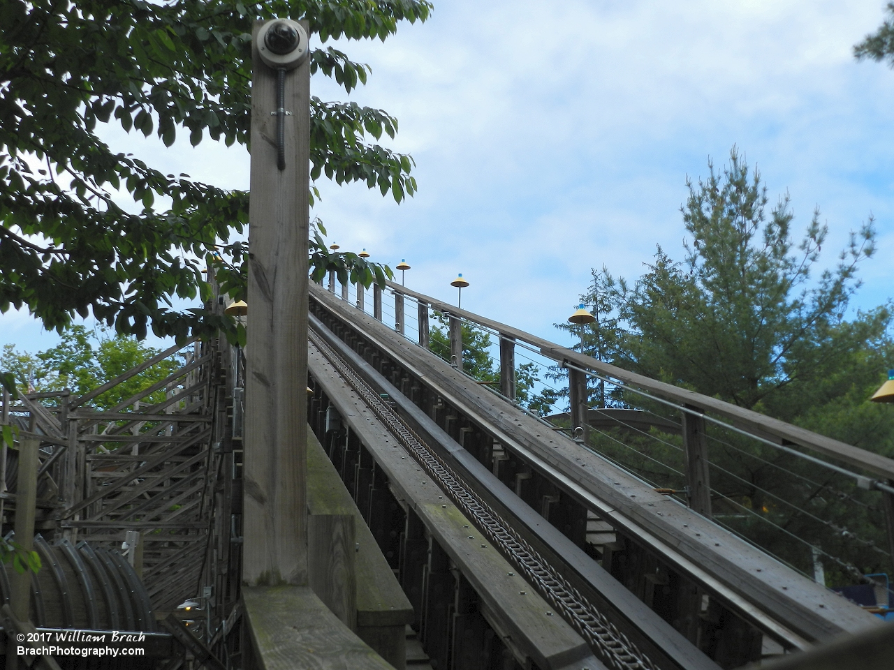 Looking up the lift hill on Flying Turns.