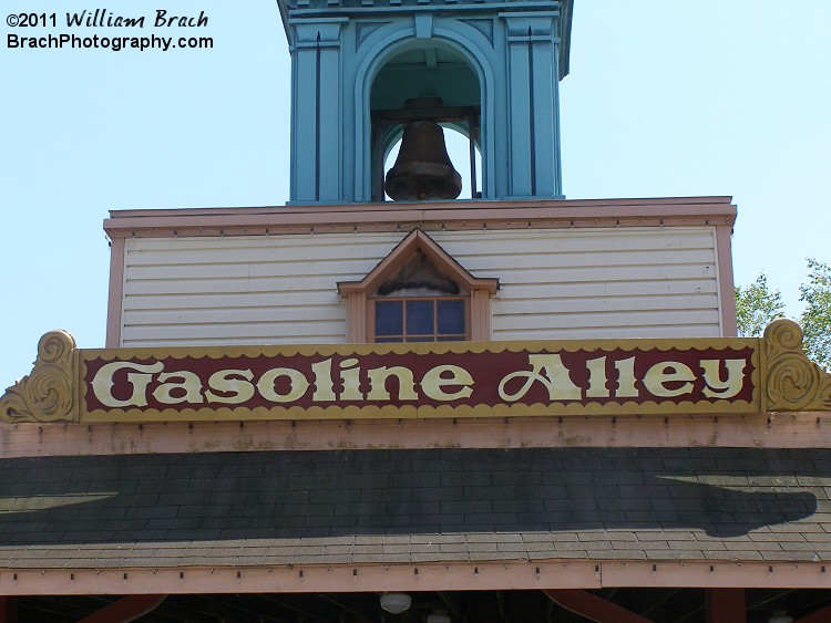 Entrance sign and bell tower for Gasoline Alley.