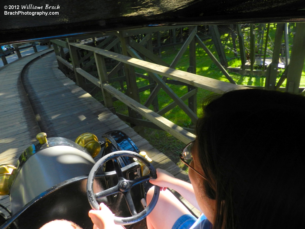 View of the car with track ahead of us.