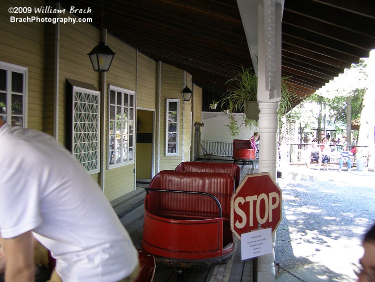 The Haunted Mansion's loading station.  Note the pretzle cars!  This enables sharp hairpin turns!