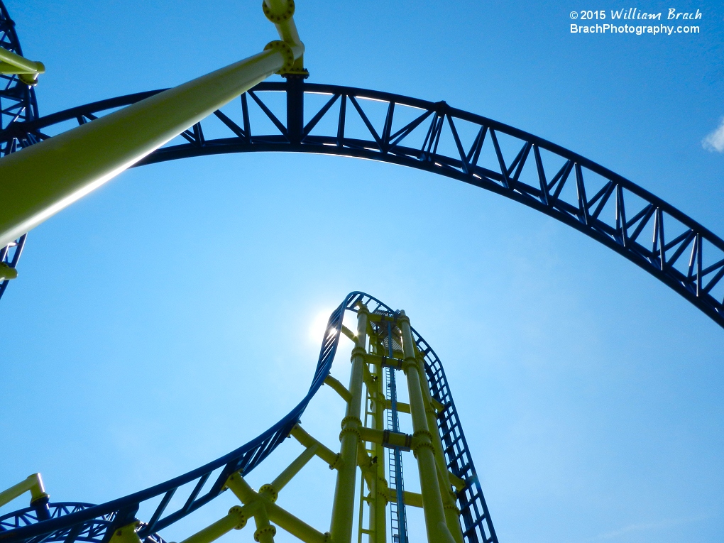 Looking up at the 98-ft tall vertical lift hill.