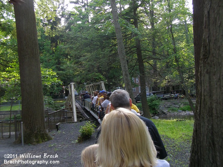 Views from onboard the Ole Smokey train ride as it crosses over a bridge.