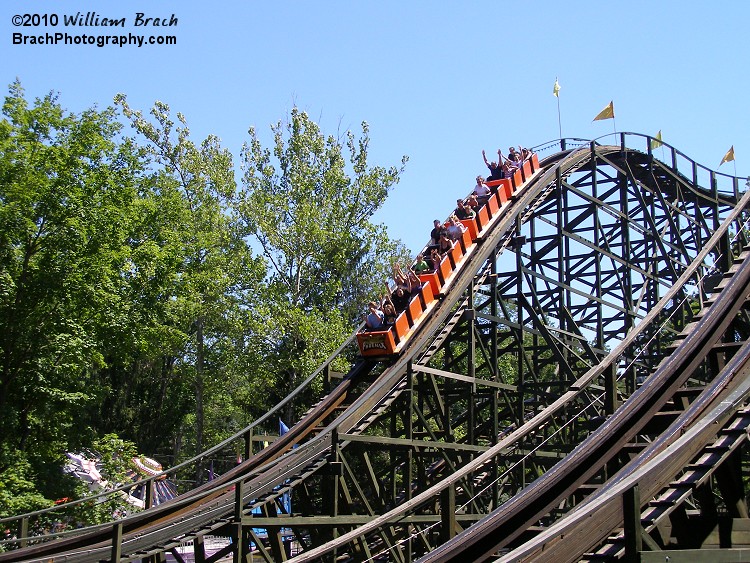 Phoenix has two trains.  Yellow and Orange.  Here we see the Orange train going down the second drop.