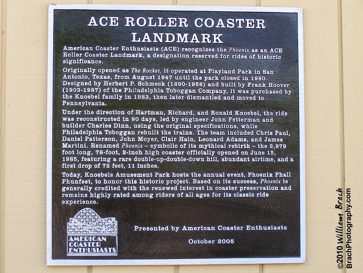 Here's the plauqe presented to the park by the American Coaster Enthusiasts (ACE) for their knock-out job of relocating The Rocket (renamed to Phoenix) to the park in 1985.