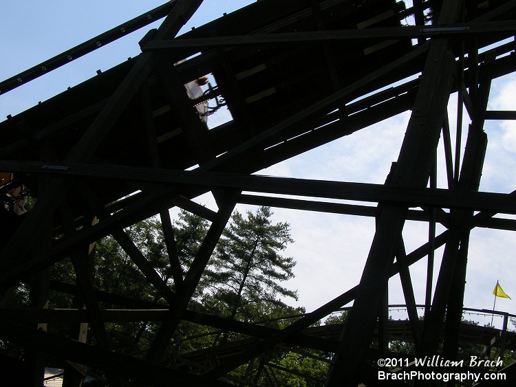 Looking up at the ride.