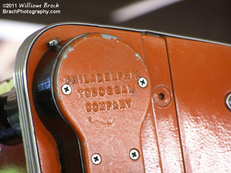 Closeup of the Philadelphia Toboggan Company (PTC) lab bar hinge.  Both trains were built by PTC.