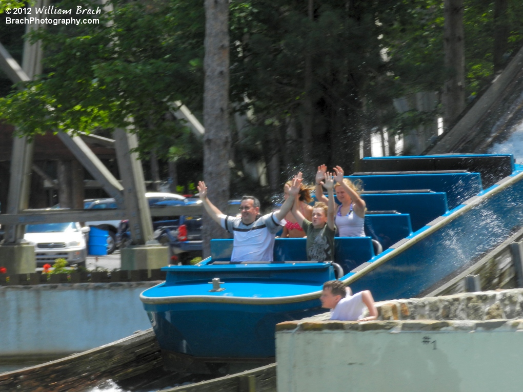 Blue boat about to hit splashdown.