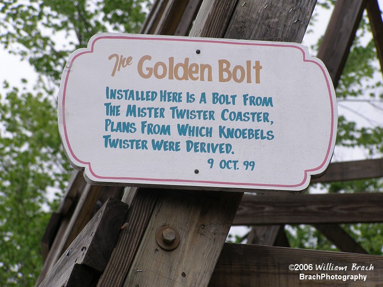 Golden Bolt from the former Mister Twister coaster at Elitch Gardens in Denver, Colorado.  Twister's layout is based on Mister Twister's layout.