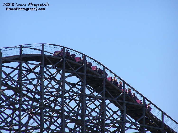 Twister has two trains.  Purple and Blue.  Here's the purple train cresting the top of the second hill.