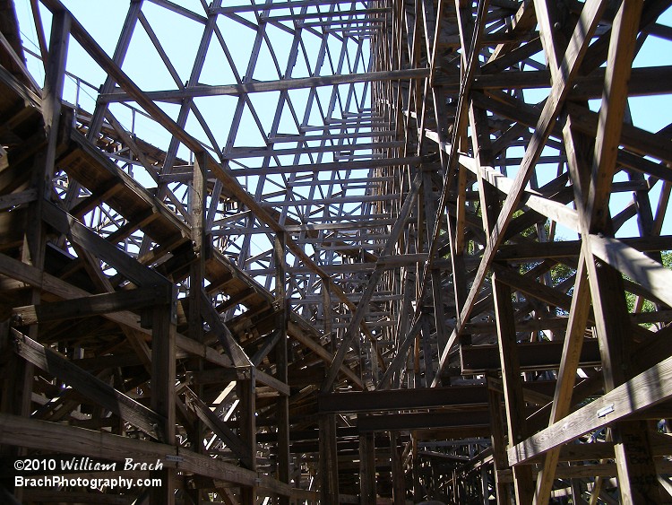 Here's the view of Twister's structure from onboard the Pioneer Train that crosses through the coaster.