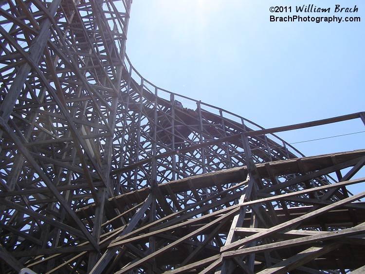 Looking up at Twister's lift hill.