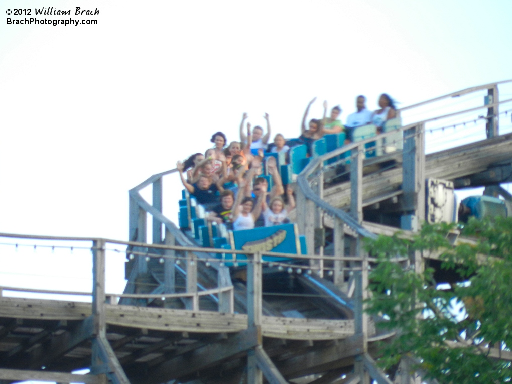 Blue train on Twister making its way towards the massive drop.