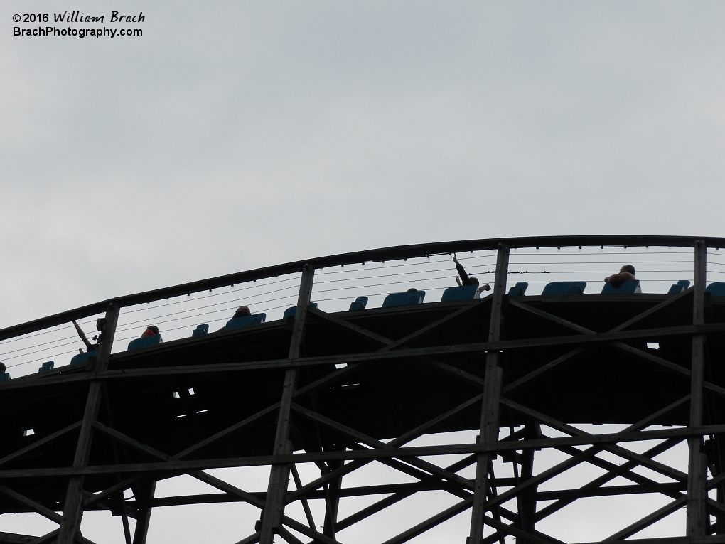 Train cresting the top of the lift hill.