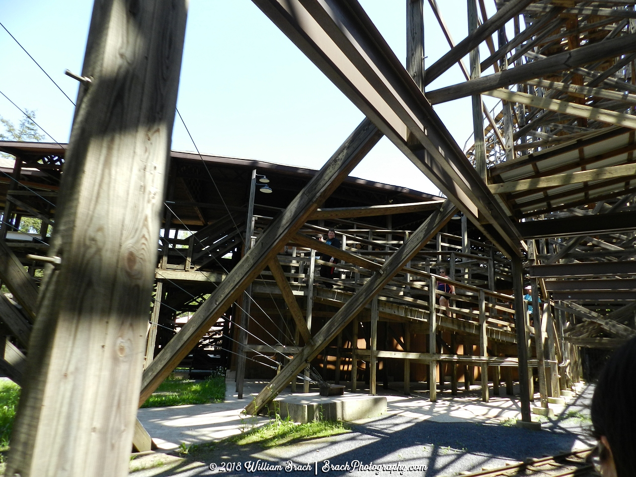 Going under Twister's structure while riding the Pioneer Train.