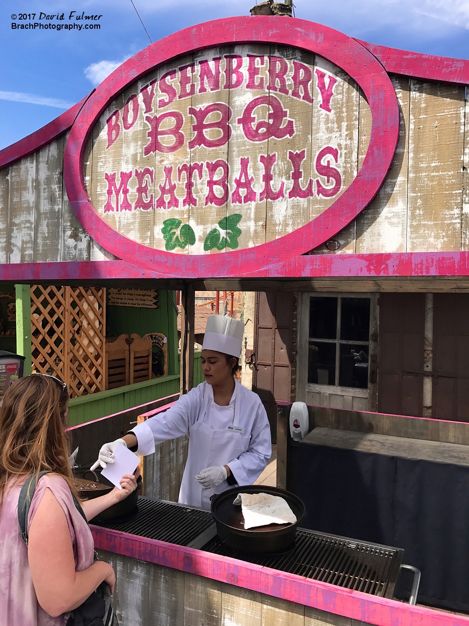 Marlena getting some BBQ Balls of Meat!