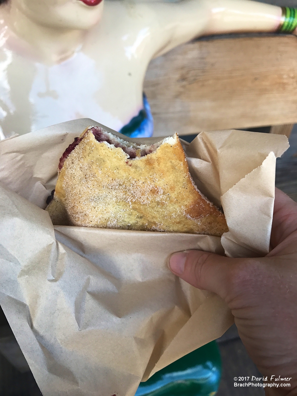 Fried bread with Boysenberry Sauce stuffed inside and sprinkled with sugar and cinnamon.  Was OK, just too sweet for my taste buds.