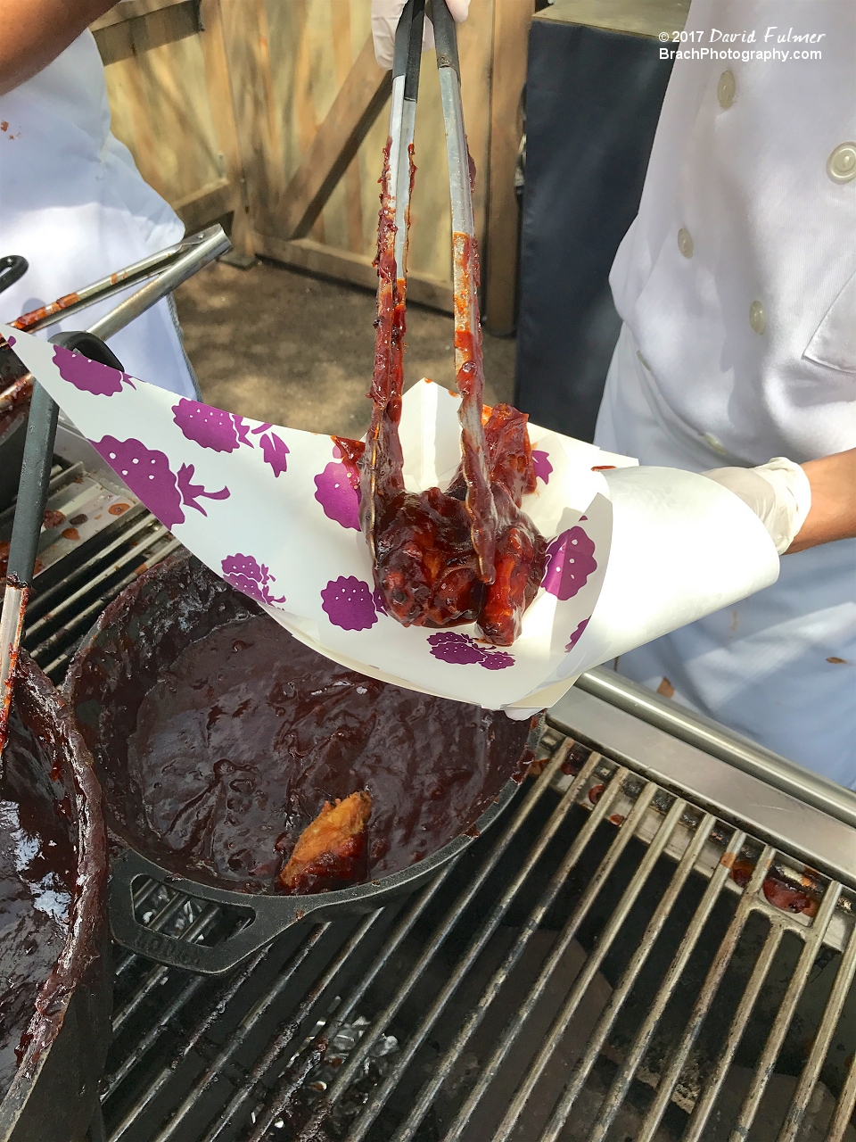 BBQ cooked chicken wings with a Boysenberry flavored sauce.  Pricy, but incredibly tasty!  Tempted to get more!