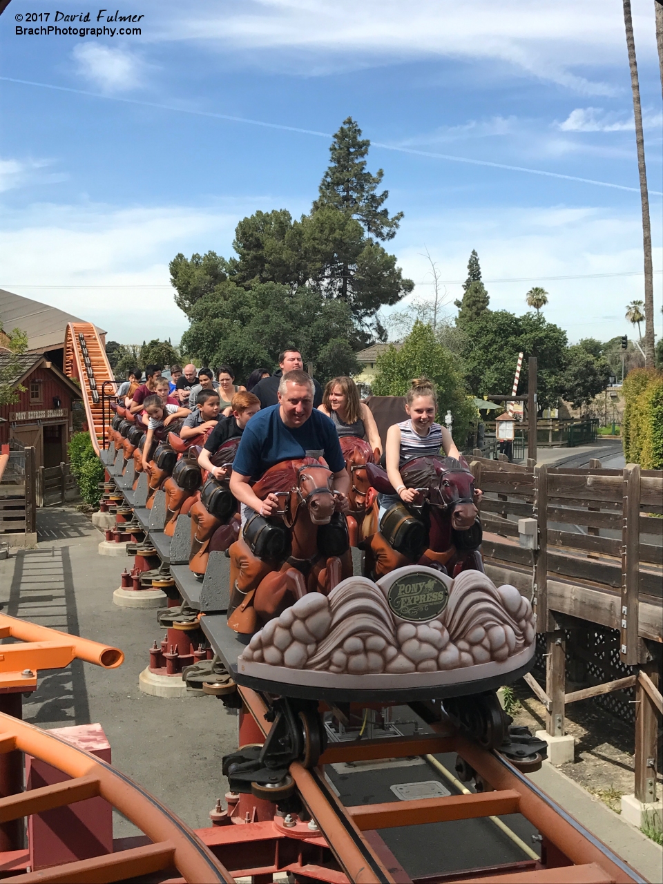 Pony Express train on the brake run waiting to enter the station.