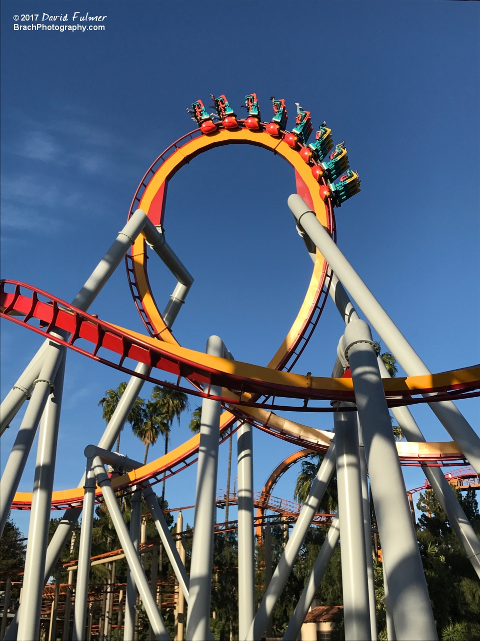 Silver Bullet train going through the vertical loop.