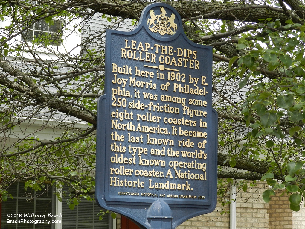 National Historic Landmark sign for Leap the Dips coaster outside Lakemont Park.