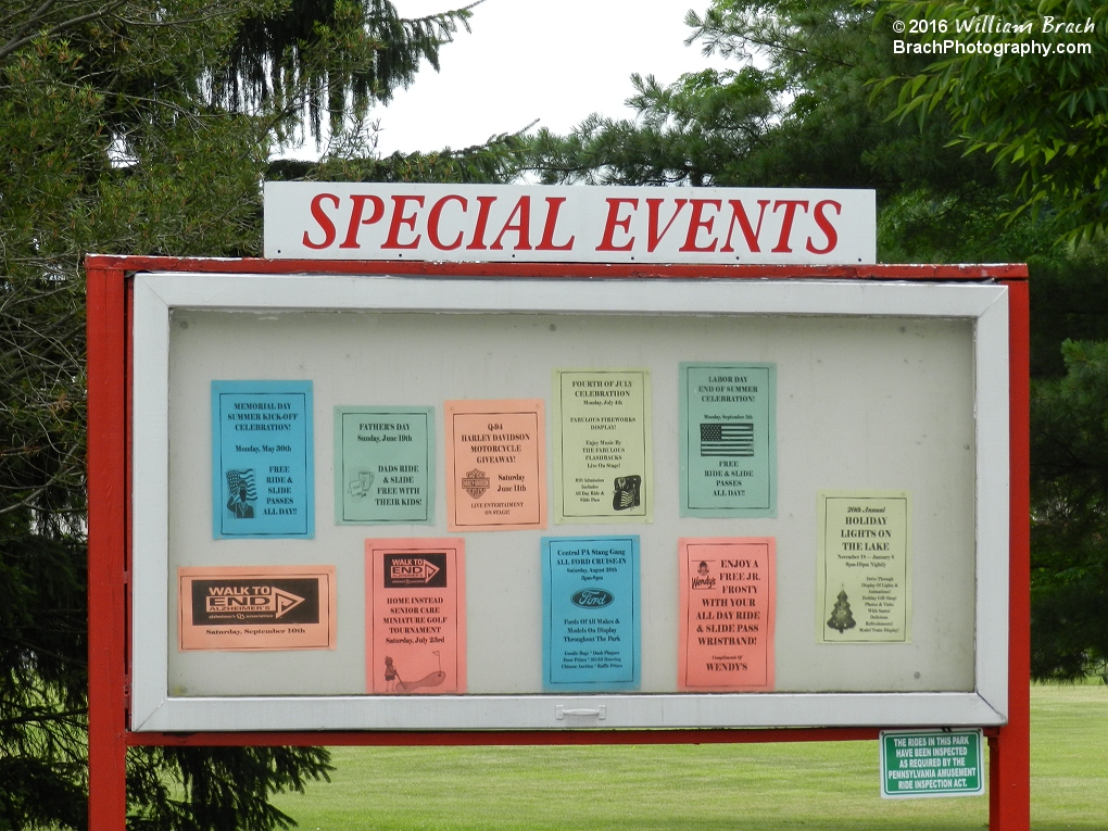 The Special Events board at Lakemont Park.