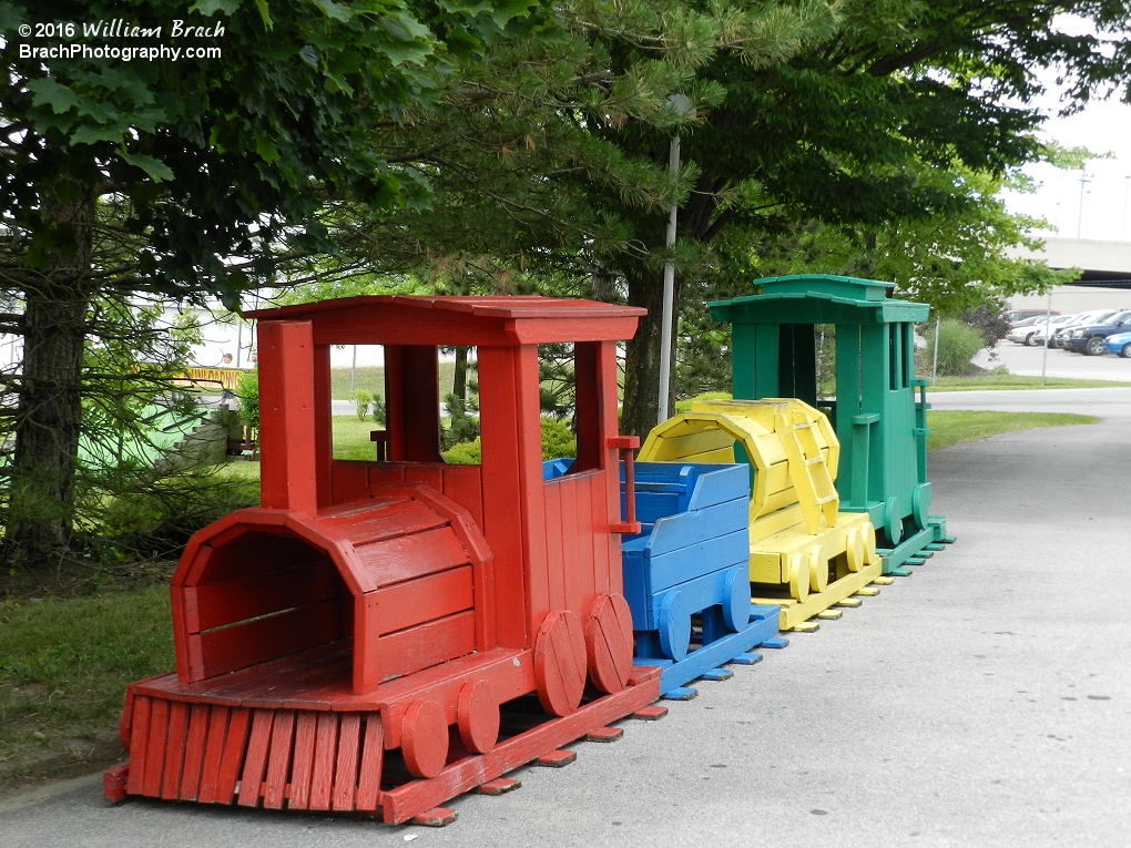 Wooden toy train at the entrance to Lakemont Park.