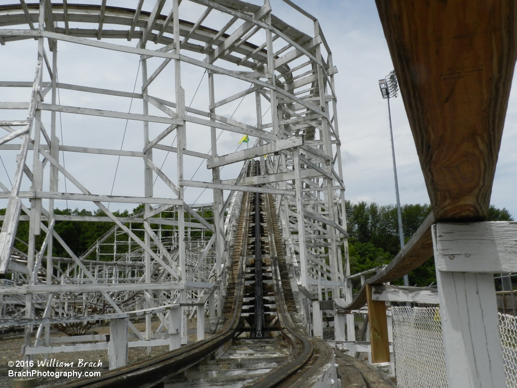 Peeking into the coaster's lift hill.