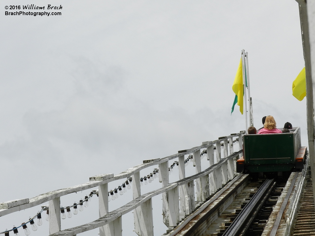 Skyliner's only train going up the lift hill.