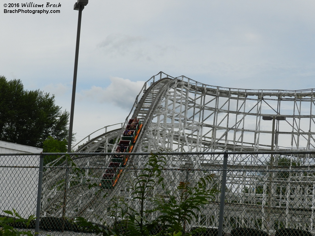 Skyliner train going down the first drop.