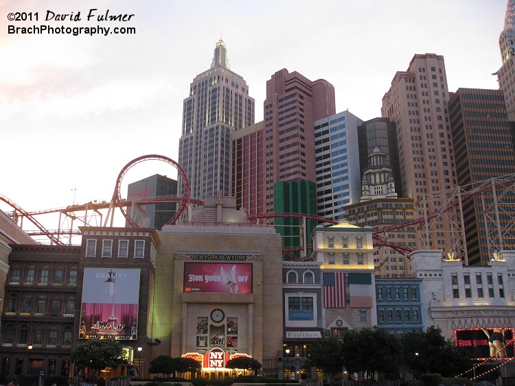 During hot and dry weather near 100F, the roller coaster is seen from Las Vegas Blvd.