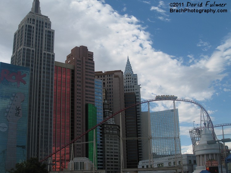 View of buildings, not actual size of real buildings in New York.  Inside the buildings holds the hotel rooms.