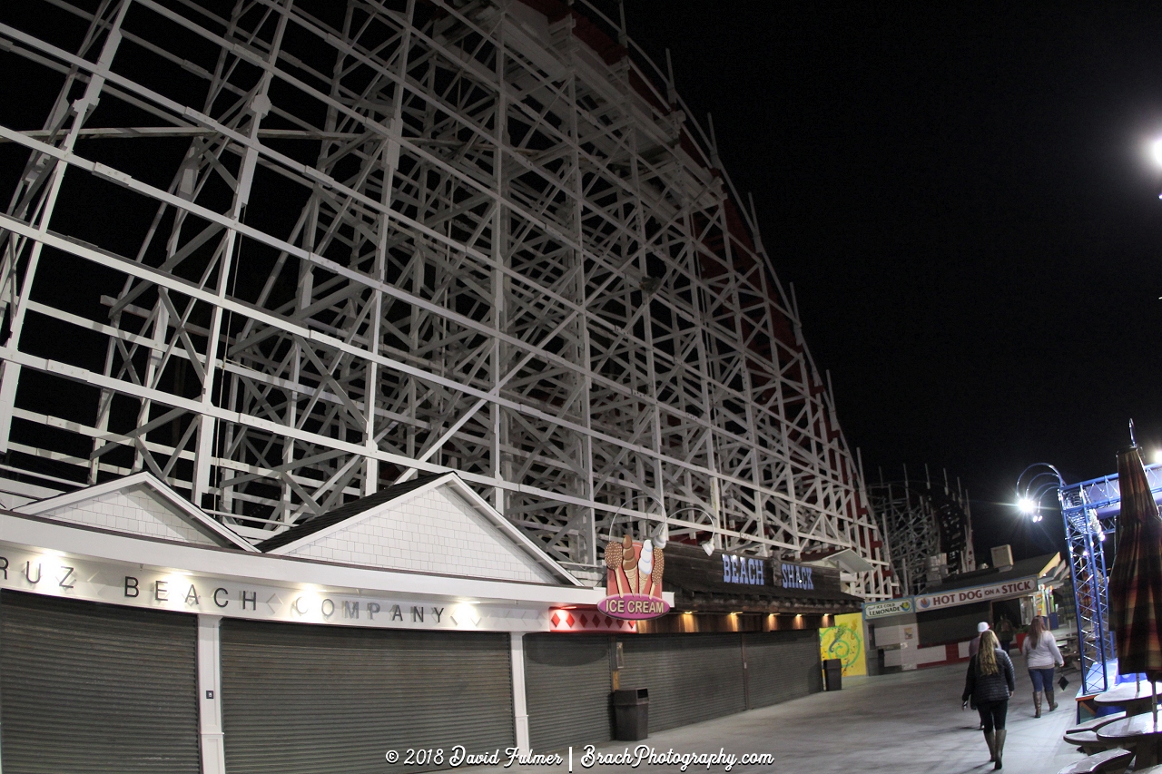 The Giant Dipper's lift hill at night.