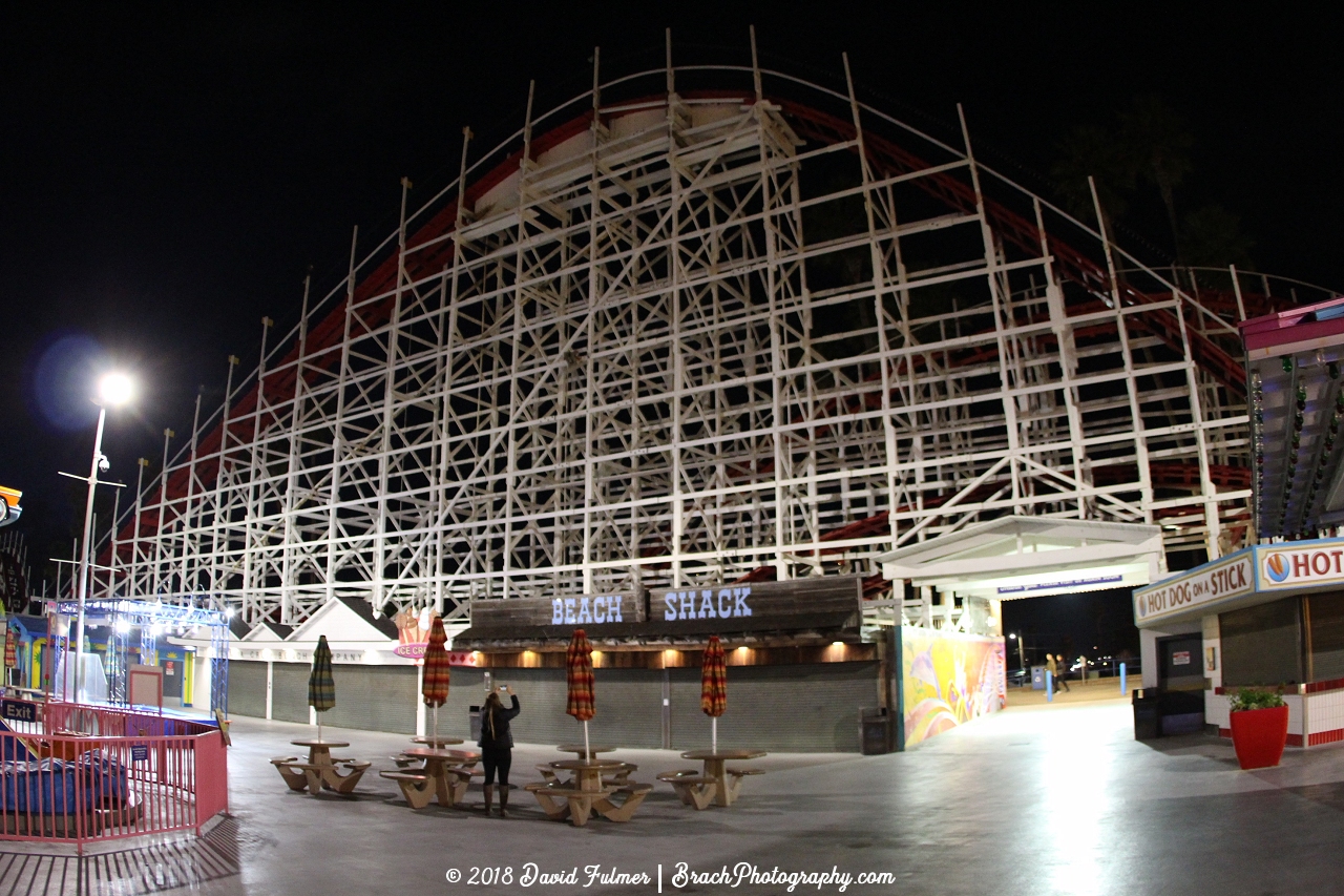 Iconic Giant Dipper coaster at nght.