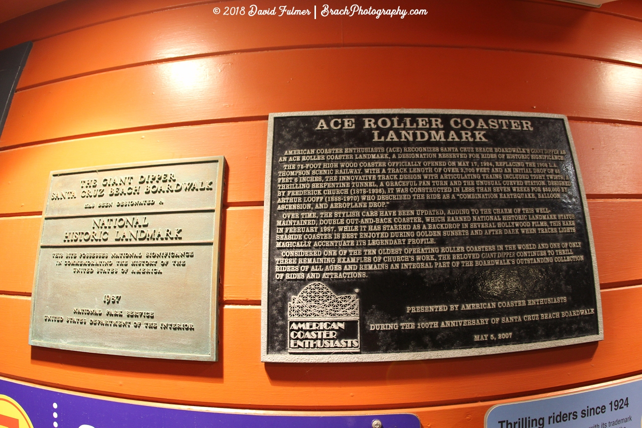 Various plaques that the Giant Dipper has been awarded.  National Historic Landmark and other one is from ACE (American Coaster Enthusiasts).