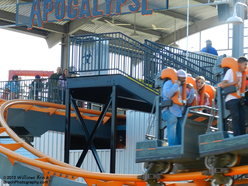 Apocalypse is a stand up coaster and here we see the train has just left the station.