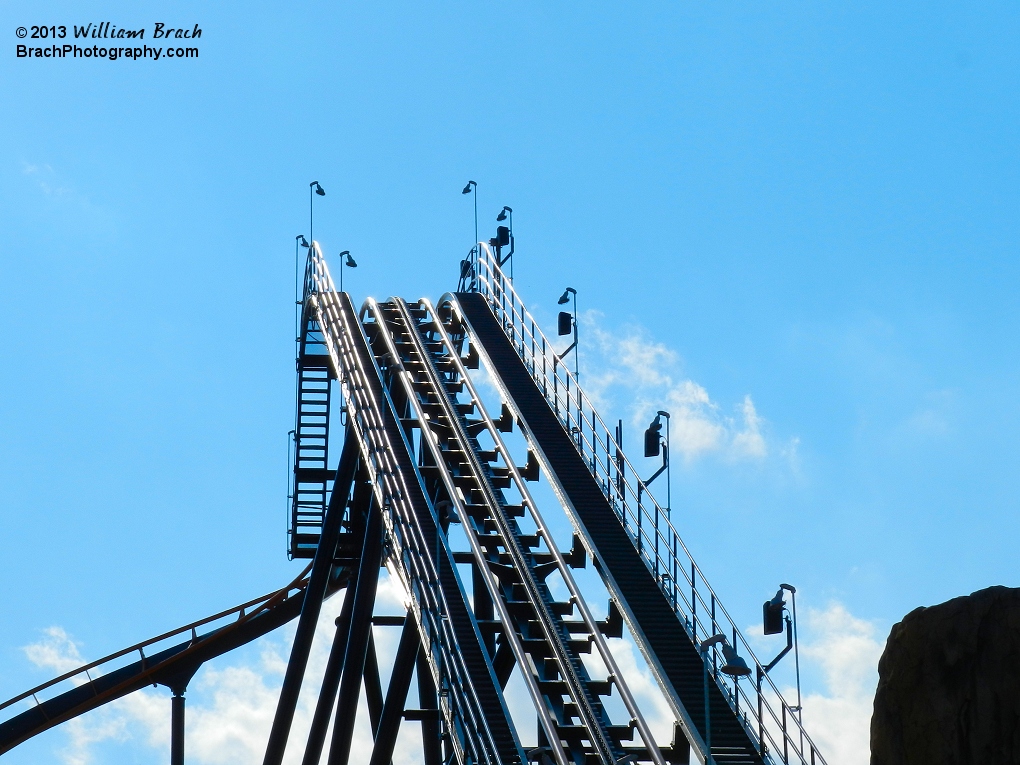 Apocalypse lift hill stands at 100ft tall.