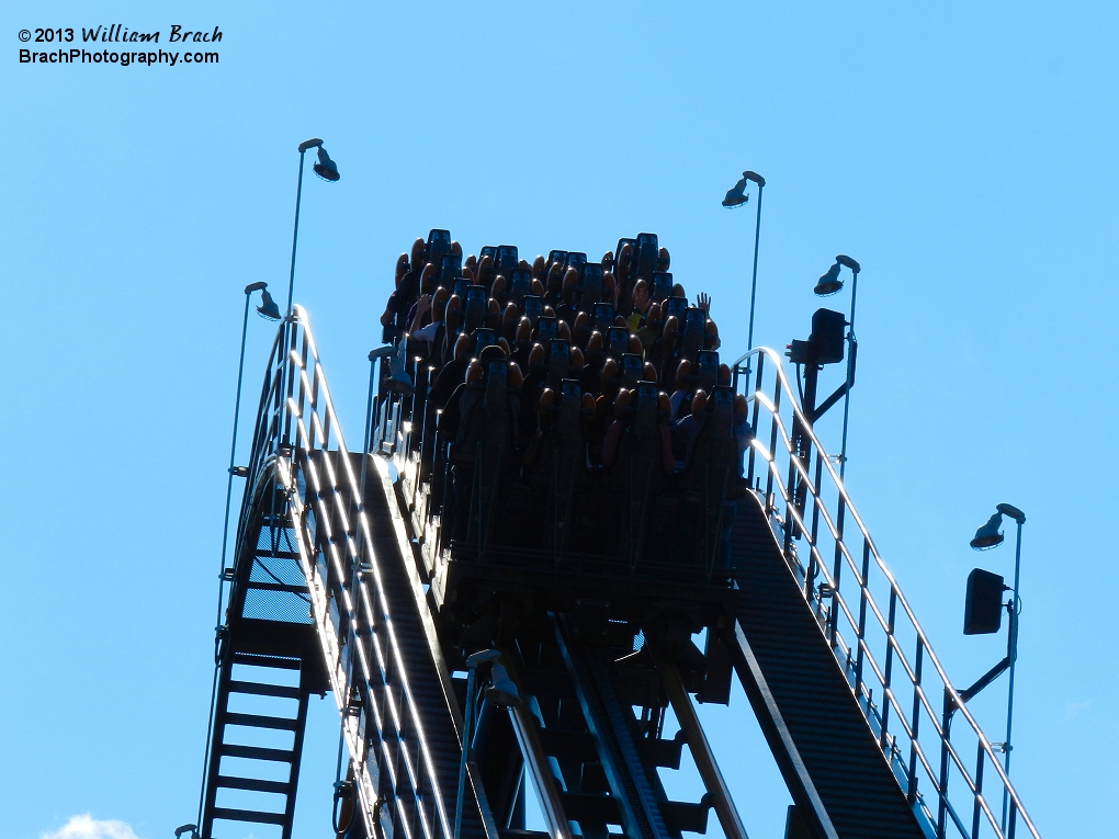 Apocalypse train going up the lift hill.