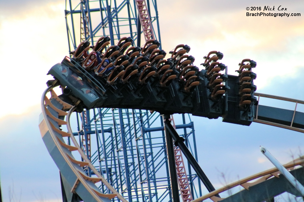 The train towards the end of the ride with Superman in the background.